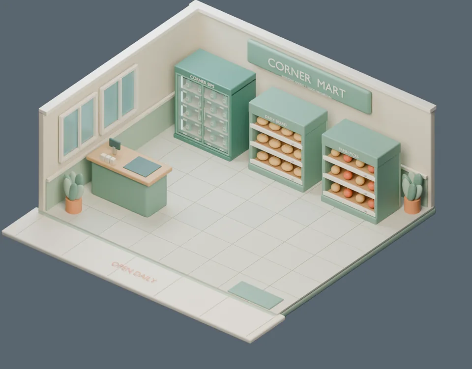 Blender 中的通道优先布局,冷藏柜沿后墙摆放