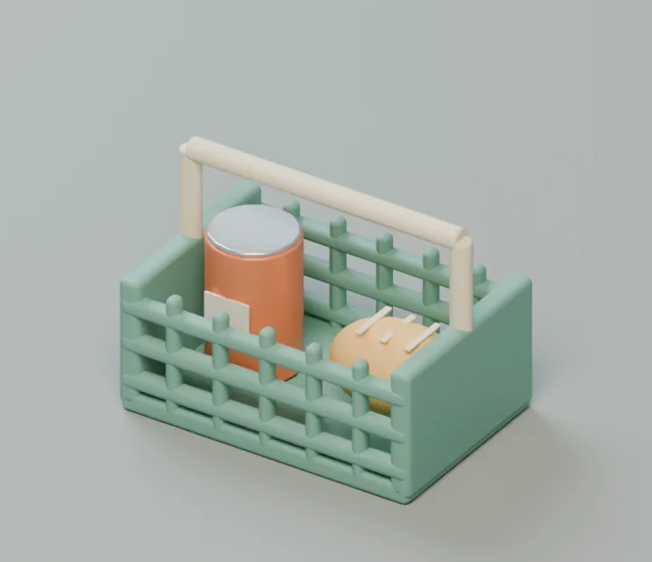 Blender 中带两个商品挂点的购物篮,分别装着饮料与面包