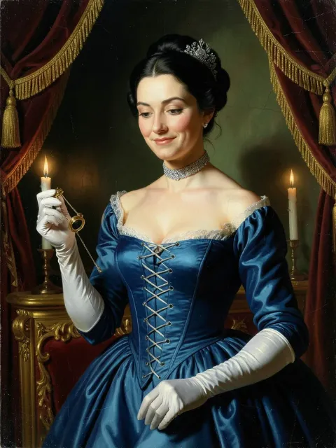 Lady Lavinia in a blue silk gown and long white gloves, smiling at a compliment.