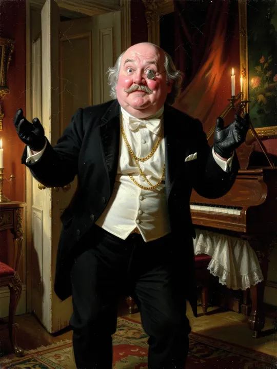 Lord Plunkett-Bottomsworth, a portly bald MP in white tie, throws up his hands in a gilded drawing room.