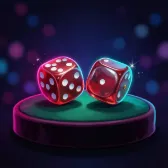 Two red dice on a green baize pedestal under neon.