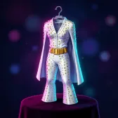 A white rhinestone jumpsuit with a cape on a hanger.