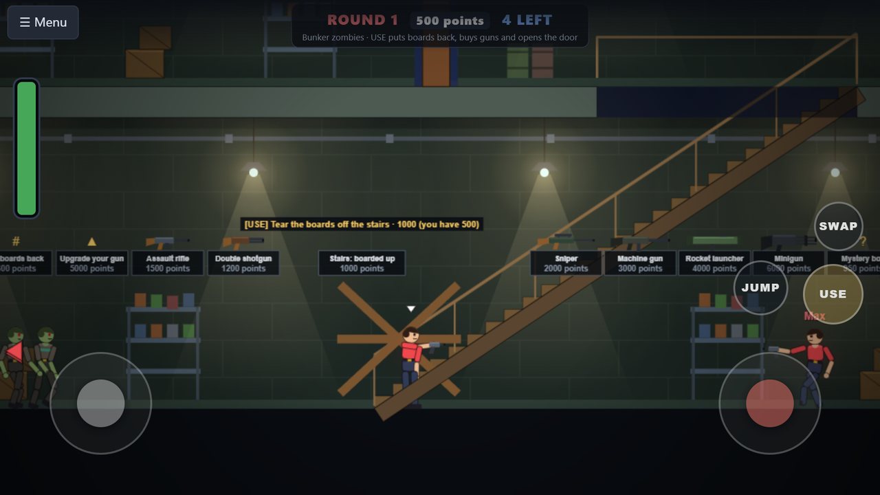 A ragdoll soldier at the foot of a boarded-up staircase in a warehouse while zombies come in from the left