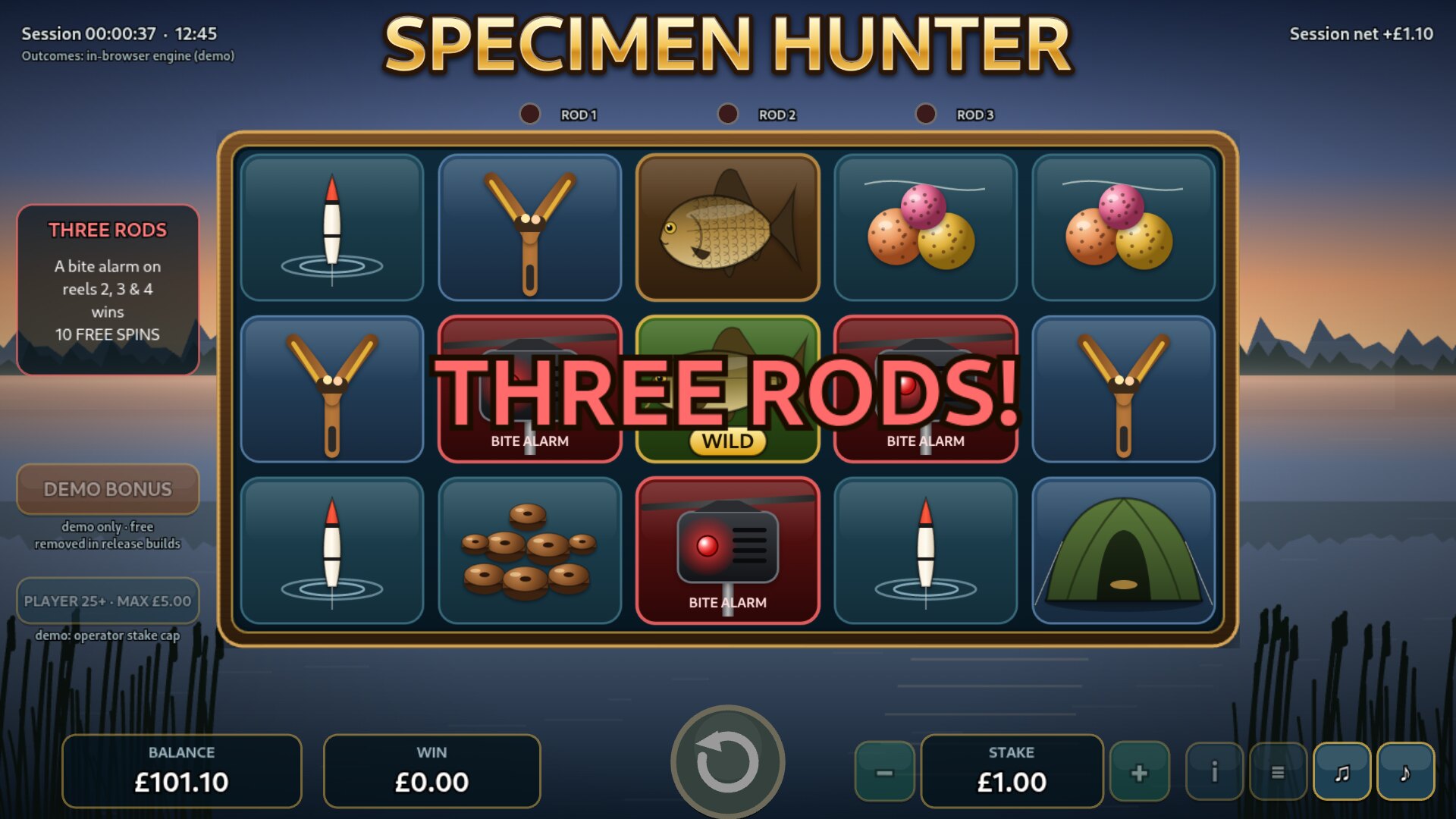 The Three Rods trigger: alarms on reels 2, 3 and 4 with all three rod lights on
